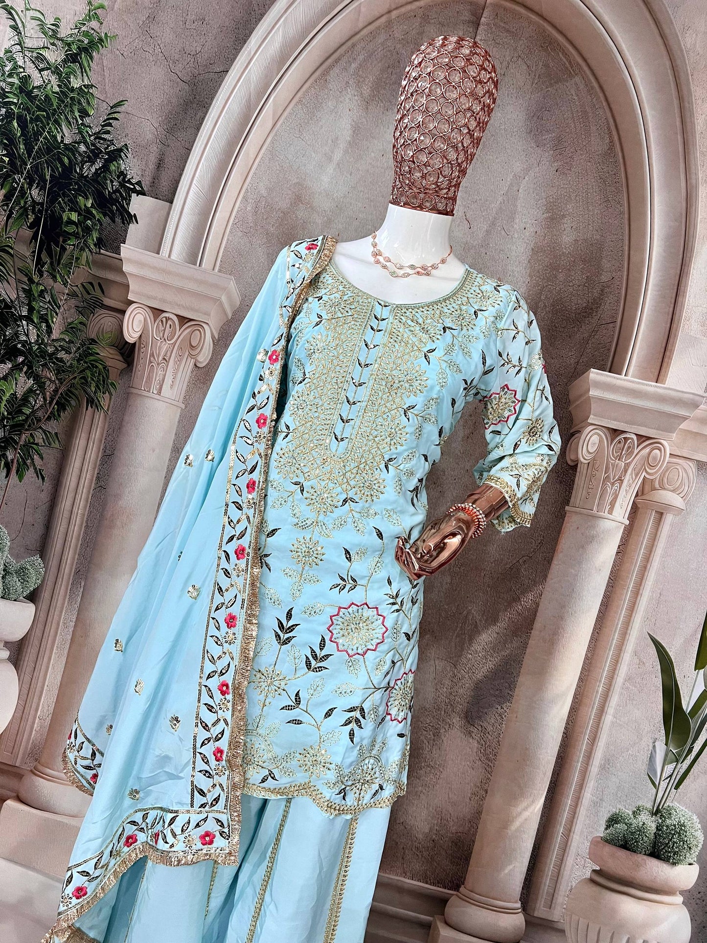 Premium Heavy Pure Natural Crepe Silk Sharara Set with Dupatta – Multi-Needle Sequins Embroidery (Fully Stitched)