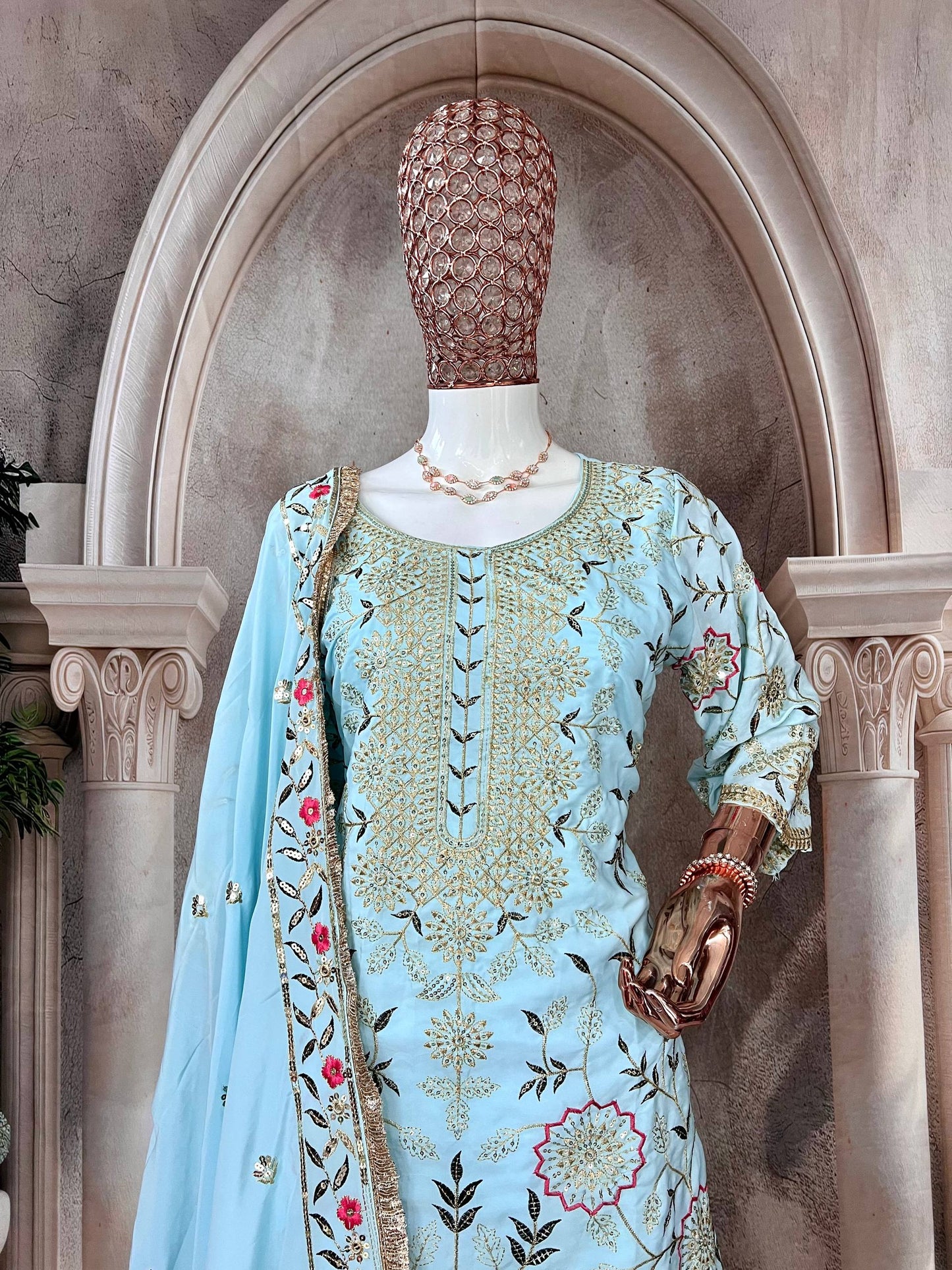 Premium Heavy Pure Natural Crepe Silk Sharara Set with Dupatta – Multi-Needle Sequins Embroidery (Fully Stitched)