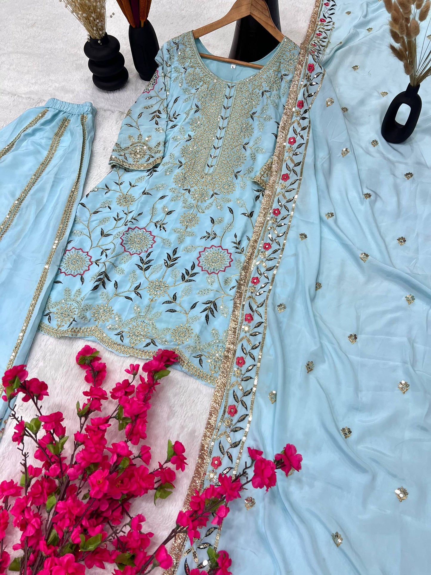 Premium Heavy Pure Natural Crepe Silk Sharara Set with Dupatta – Multi-Needle Sequins Embroidery (Fully Stitched)