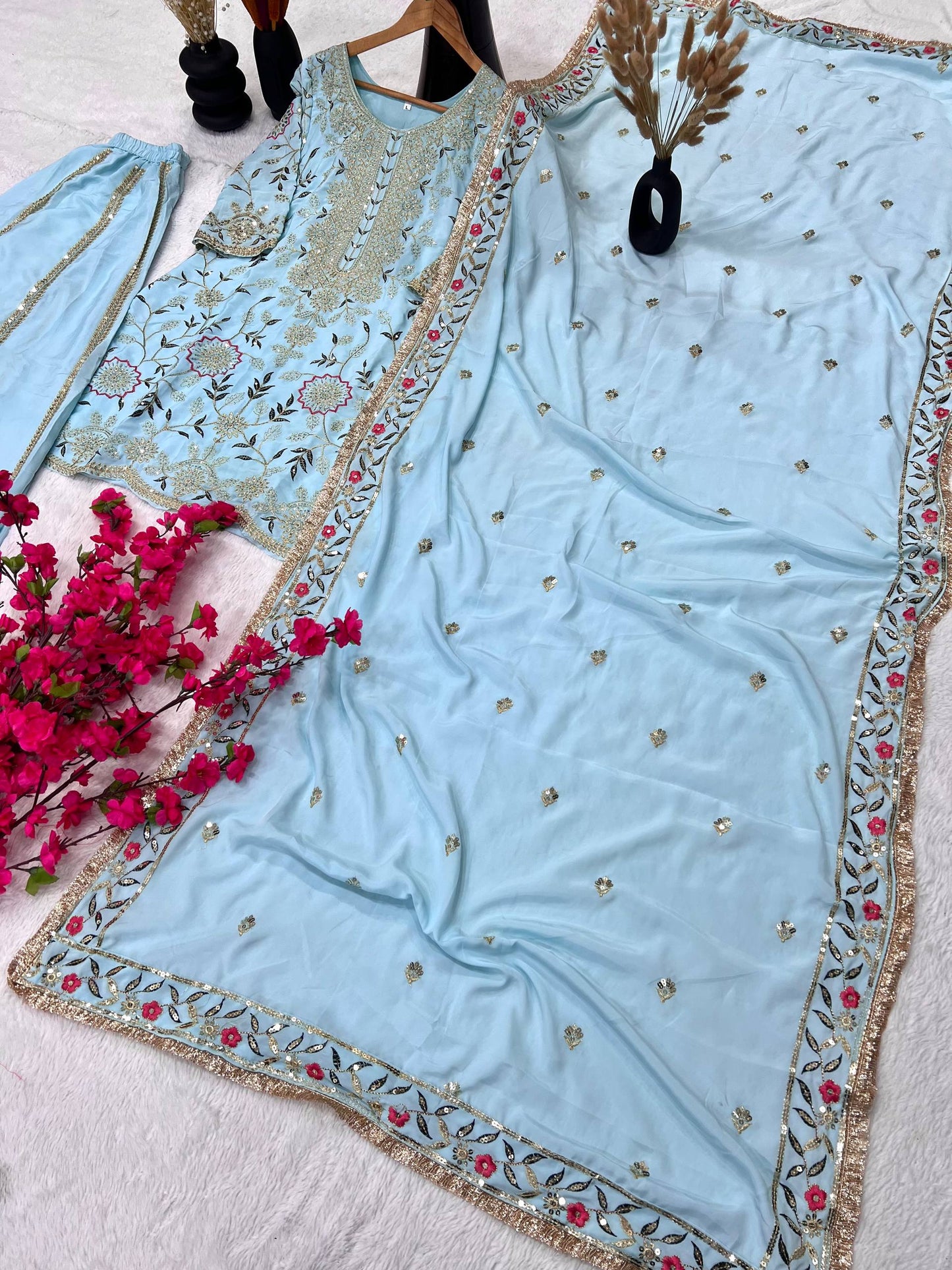 Premium Heavy Pure Natural Crepe Silk Sharara Set with Dupatta – Multi-Needle Sequins Embroidery (Fully Stitched)