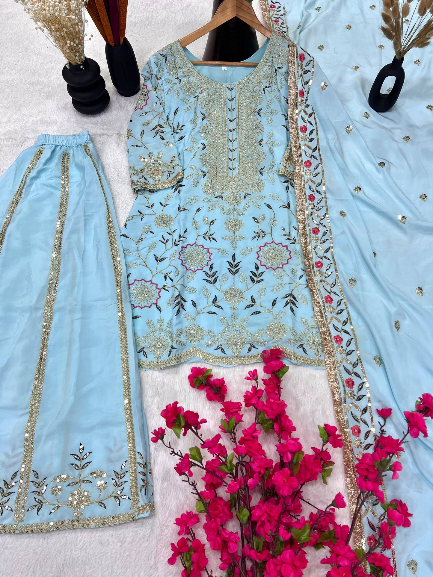 Premium Heavy Pure Natural Crepe Silk Sharara Set with Dupatta – Multi-Needle Sequins Embroidery (Fully Stitched)