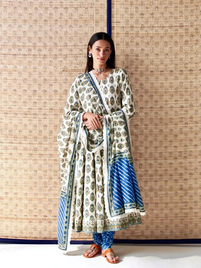 Designer Heavy Pure Cambric Cotton Gown Set with Pant & Printed Dupatta – Digital Print & Embroidered Lace Work (Fully Stitched, 4 Mtr Flair)