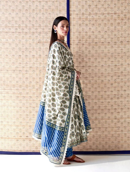 Designer Heavy Pure Cambric Cotton Gown Set with Pant & Printed Dupatta – Digital Print & Embroidered Lace Work (Fully Stitched, 4 Mtr Flair)