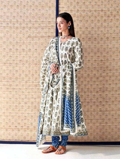 Designer Heavy Pure Cambric Cotton Gown Set with Pant & Printed Dupatta – Digital Print & Embroidered Lace Work (Fully Stitched, 4 Mtr Flair)