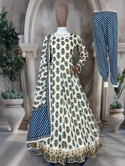 Designer Heavy Pure Cambric Cotton Gown Set with Pant & Printed Dupatta – Digital Print & Embroidered Lace Work (Fully Stitched, 4 Mtr Flair)