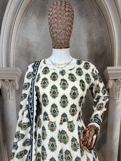 Designer Heavy Pure Cambric Cotton Gown Set with Pant & Printed Dupatta – Digital Print & Embroidered Lace Work (Fully Stitched, 4 Mtr Flair)