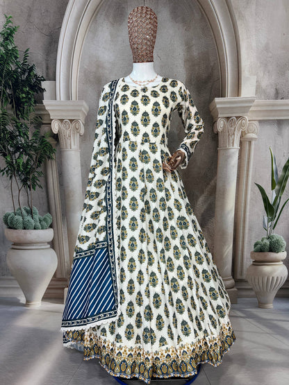 Designer Heavy Pure Cambric Cotton Gown Set with Pant & Printed Dupatta – Digital Print & Embroidered Lace Work (Fully Stitched, 4 Mtr Flair)