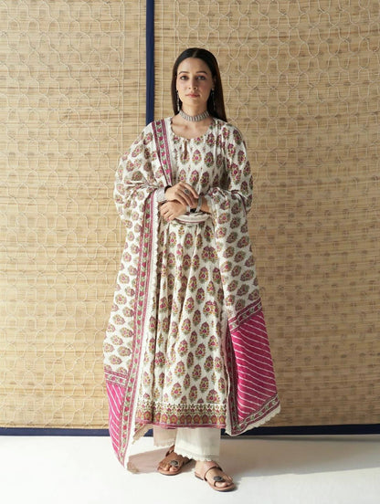 Designer Heavy Pure Cambric Cotton Gown Set with Pant & Printed Dupatta – Digital Print & Embroidered Lace Work (Fully Stitched, 4 Mtr Flair)