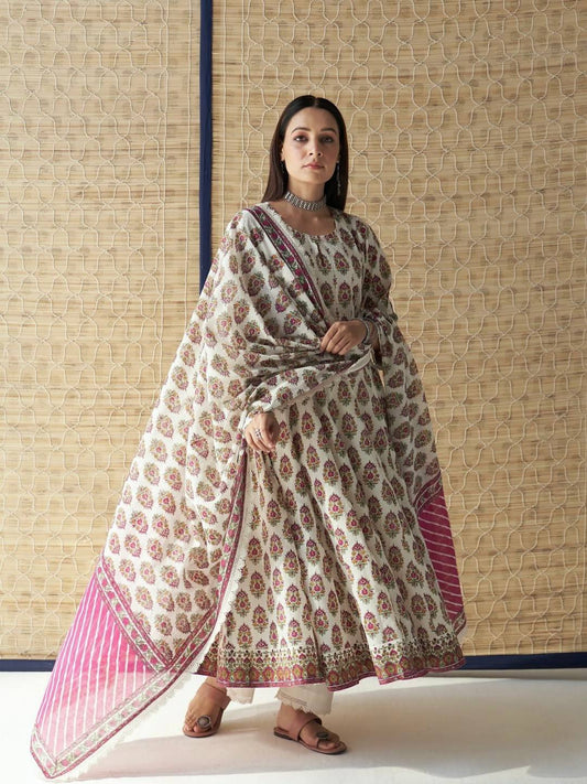 Designer Heavy Pure Cambric Cotton Gown Set with Pant & Printed Dupatta – Digital Print & Embroidered Lace Work (Fully Stitched, 4 Mtr Flair)