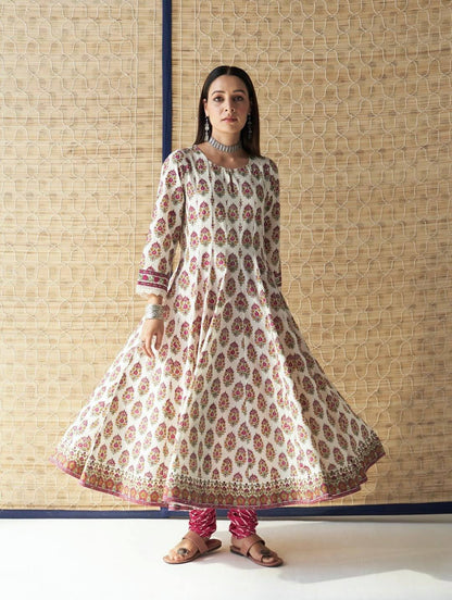 Designer Heavy Pure Cambric Cotton Gown Set with Pant & Printed Dupatta – Digital Print & Embroidered Lace Work (Fully Stitched, 4 Mtr Flair)