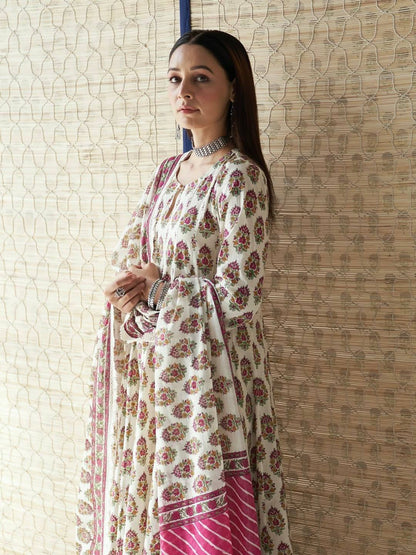 Designer Heavy Pure Cambric Cotton Gown Set with Pant & Printed Dupatta – Digital Print & Embroidered Lace Work (Fully Stitched, 4 Mtr Flair)