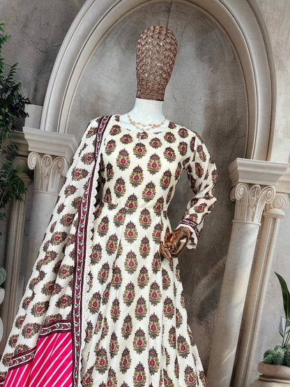Designer Heavy Pure Cambric Cotton Gown Set with Pant & Printed Dupatta – Digital Print & Embroidered Lace Work (Fully Stitched, 4 Mtr Flair)
