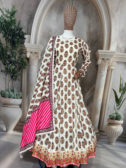 Designer Heavy Pure Cambric Cotton Gown Set with Pant & Printed Dupatta – Digital Print & Embroidered Lace Work (Fully Stitched, 4 Mtr Flair)