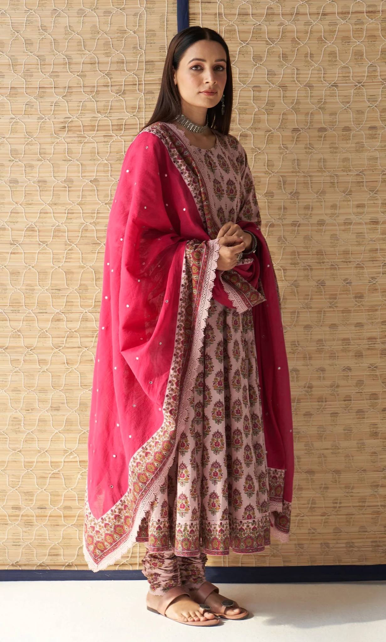 Elegant Heavy Pure Cambric Cotton Gown Set with Pant & Printed Dupatta – Digital Print & Embroidered Lace Work (Fully Stitched, 4 Mtr Flair)