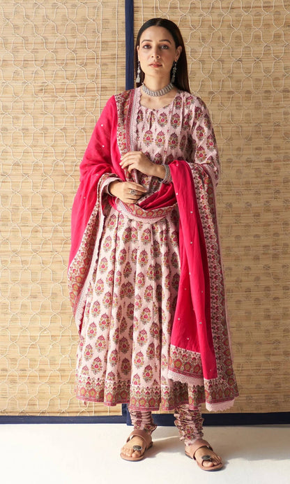Elegant Heavy Pure Cambric Cotton Gown Set with Pant & Printed Dupatta – Digital Print & Embroidered Lace Work (Fully Stitched, 4 Mtr Flair)