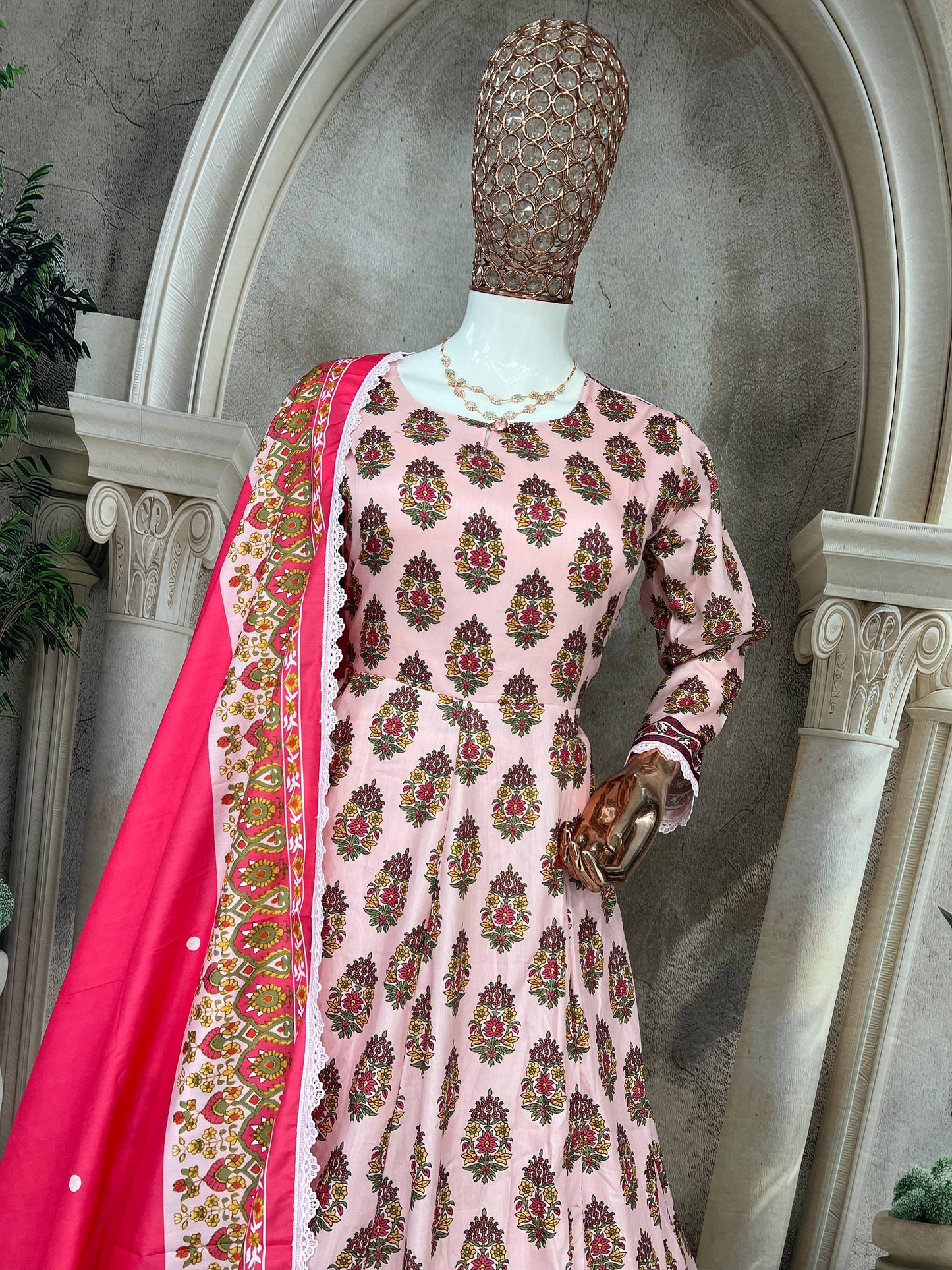 Elegant Heavy Pure Cambric Cotton Gown Set with Pant & Printed Dupatta – Digital Print & Embroidered Lace Work (Fully Stitched, 4 Mtr Flair)