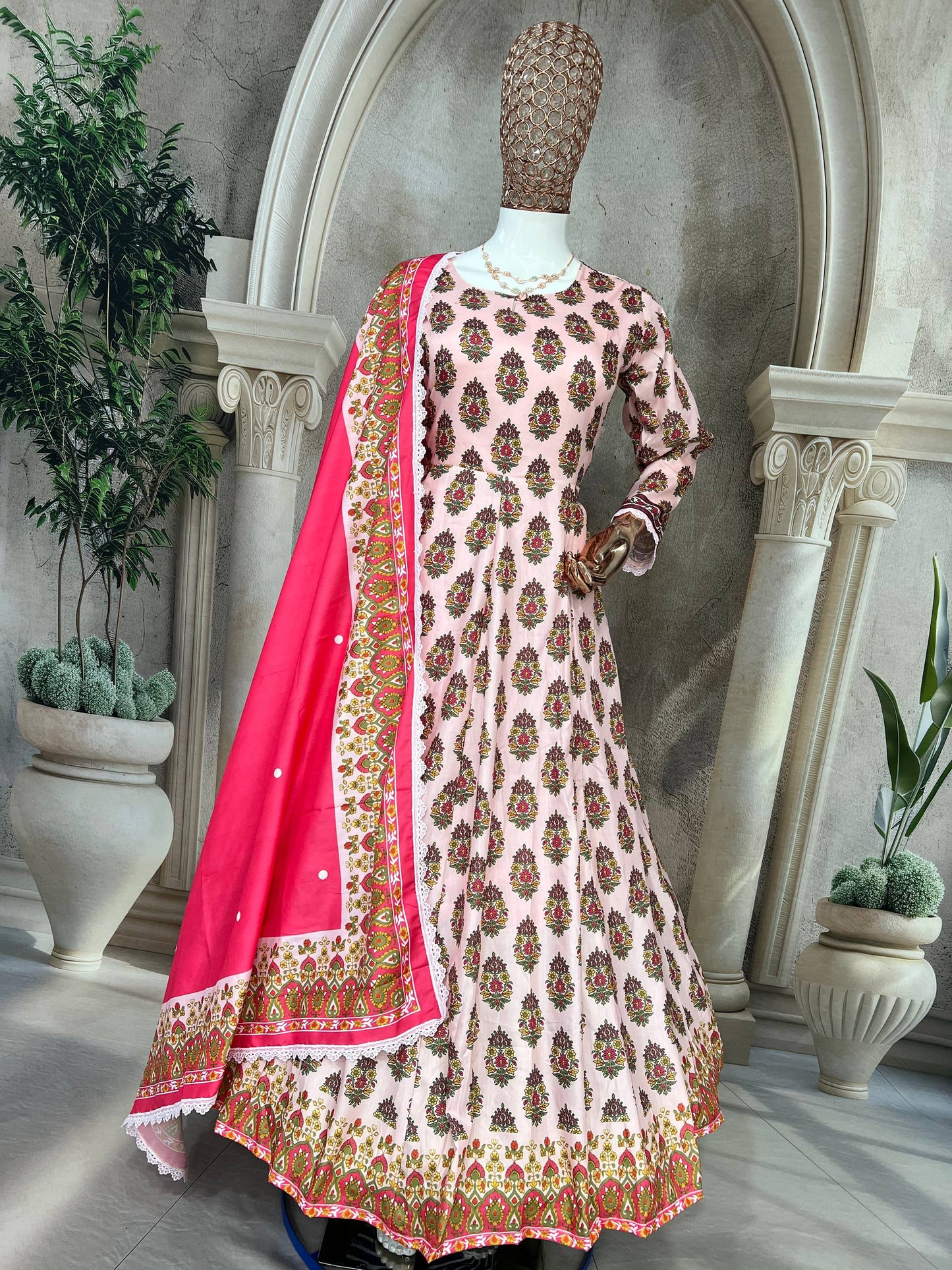 Elegant Heavy Pure Cambric Cotton Gown Set with Pant & Printed Dupatta – Digital Print & Embroidered Lace Work (Fully Stitched, 4 Mtr Flair)