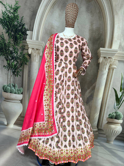Elegant Heavy Pure Cambric Cotton Gown Set with Pant & Printed Dupatta – Digital Print & Embroidered Lace Work (Fully Stitched, 4 Mtr Flair)