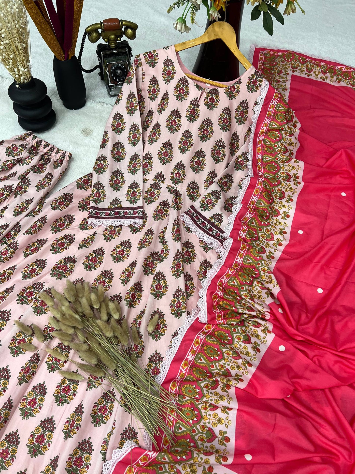 Elegant Heavy Pure Cambric Cotton Gown Set with Pant & Printed Dupatta – Digital Print & Embroidered Lace Work (Fully Stitched, 4 Mtr Flair)