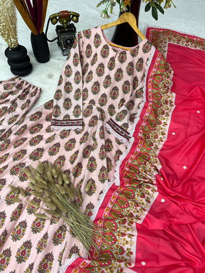 Elegant Heavy Pure Cambric Cotton Gown Set with Pant & Printed Dupatta – Digital Print & Embroidered Lace Work (Fully Stitched, 4 Mtr Flair)
