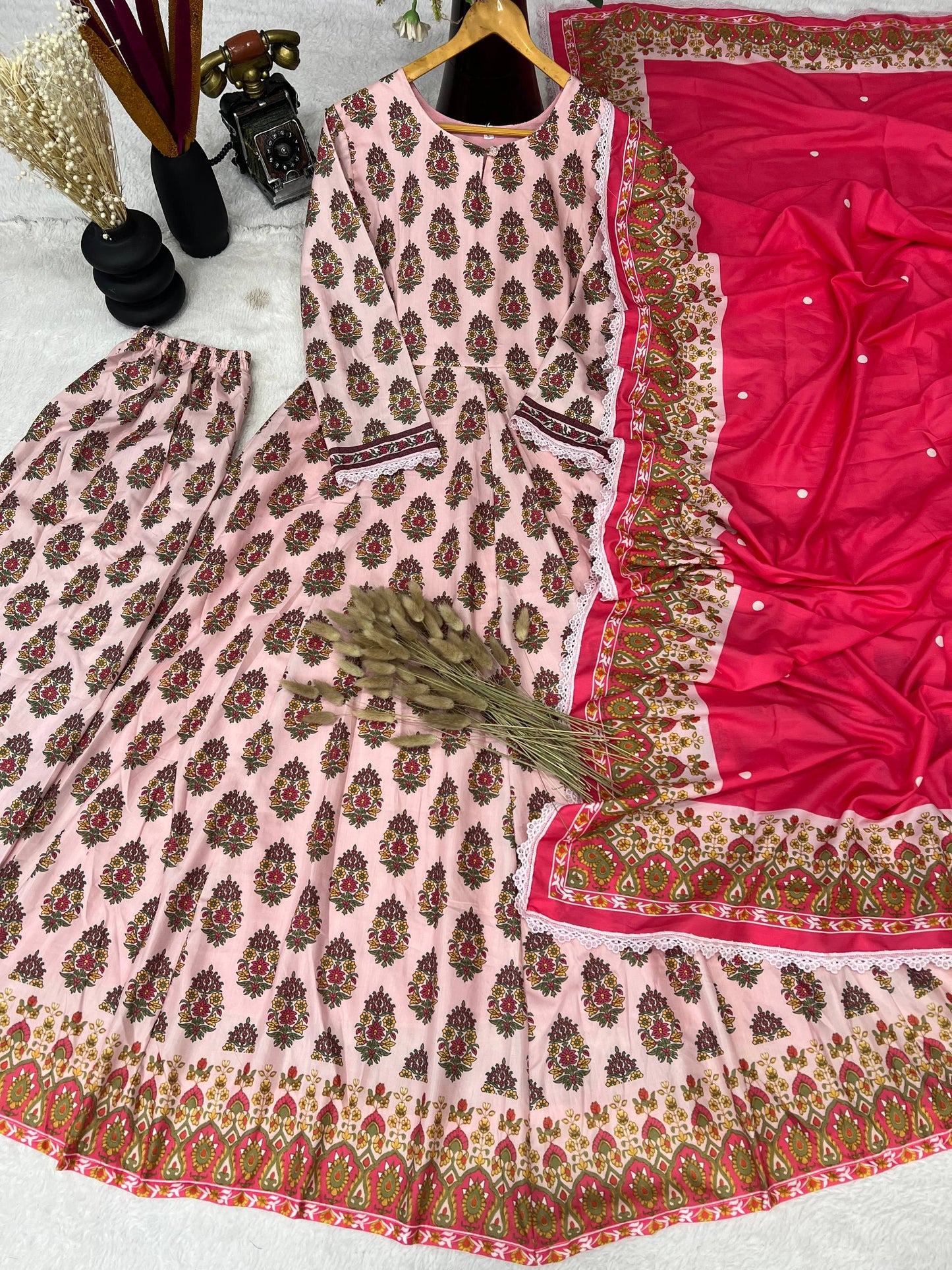 Elegant Heavy Pure Cambric Cotton Gown Set with Pant & Printed Dupatta – Digital Print & Embroidered Lace Work (Fully Stitched, 4 Mtr Flair)