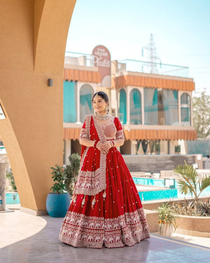 Elephant Embroidery Faux Georgette Silk Lehenga Choli Set with Dupatta (Zari & Sequin Work)