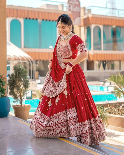 Elephant Embroidery Faux Georgette Silk Lehenga Choli Set with Dupatta (Zari & Sequin Work)