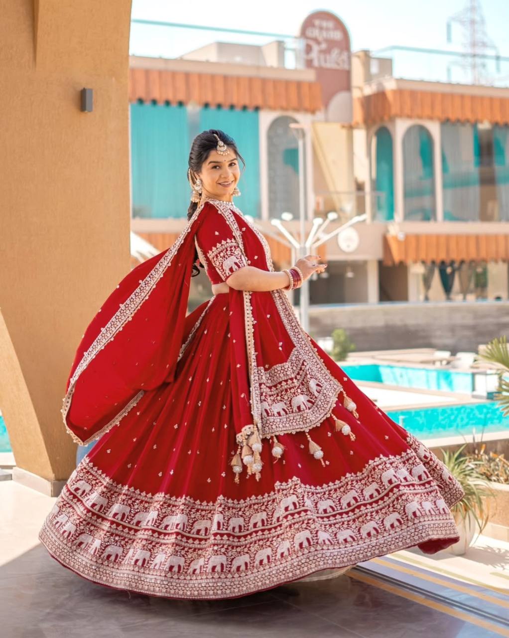 Elephant Embroidery Faux Georgette Silk Lehenga Choli Set with Dupatta (Zari & Sequin Work)
