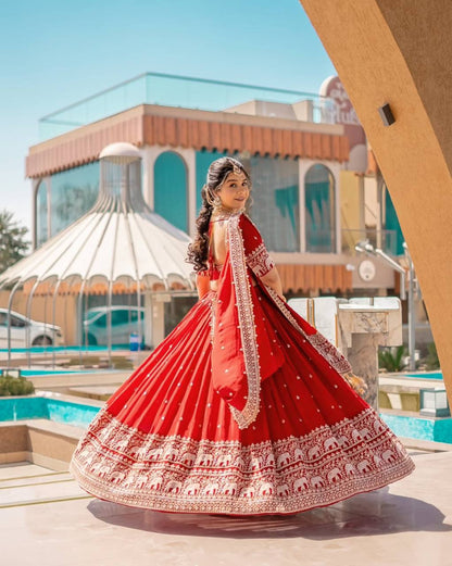 Elephant Embroidery Faux Georgette Silk Lehenga Choli Set with Dupatta (Zari & Sequin Work)