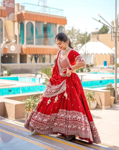 Elephant Embroidery Faux Georgette Silk Lehenga Choli Set with Dupatta (Zari & Sequin Work)