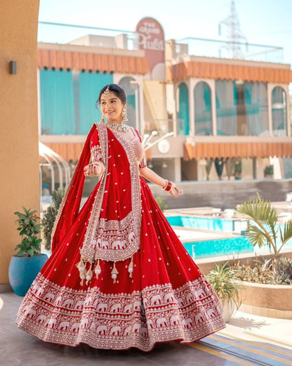 Elephant Embroidery Faux Georgette Silk Lehenga Choli Set with Dupatta (Zari & Sequin Work)