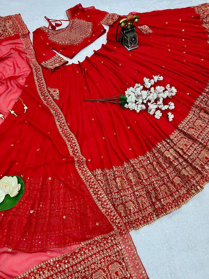 Elephant Embroidery Faux Georgette Silk Lehenga Choli Set with Dupatta (Zari & Sequin Work)