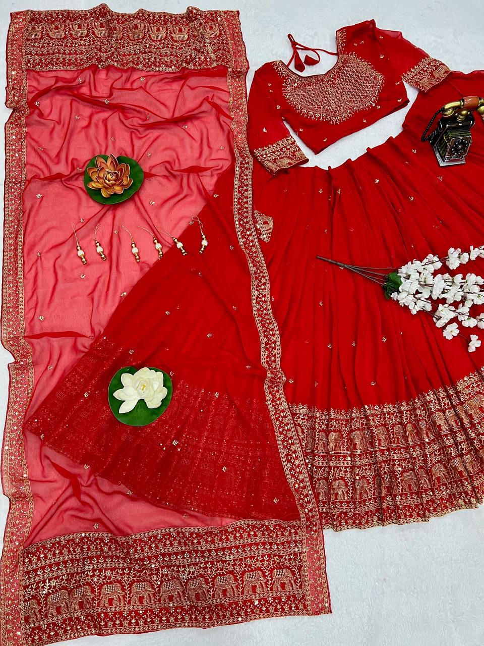 Elephant Embroidery Faux Georgette Silk Lehenga Choli Set with Dupatta (Zari & Sequin Work)