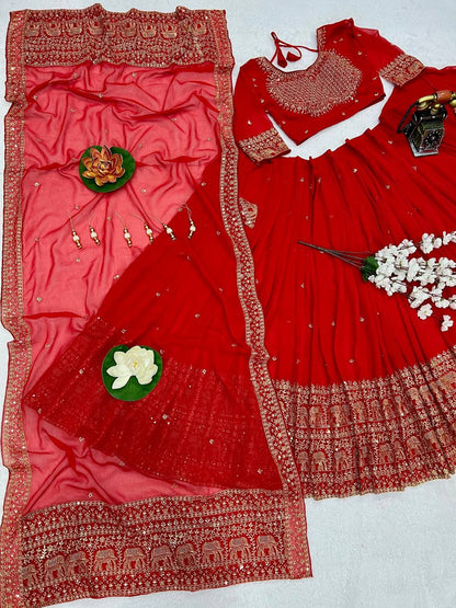 Elephant Embroidery Faux Georgette Silk Lehenga Choli Set with Dupatta (Zari & Sequin Work)