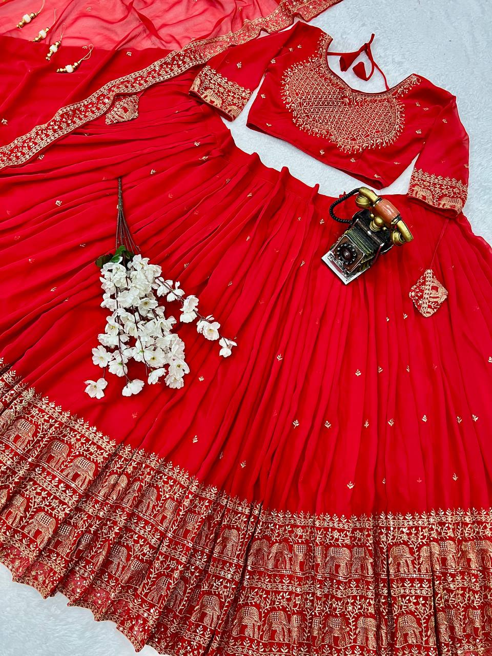 Elephant Embroidery Faux Georgette Silk Lehenga Choli Set with Dupatta (Zari & Sequin Work)
