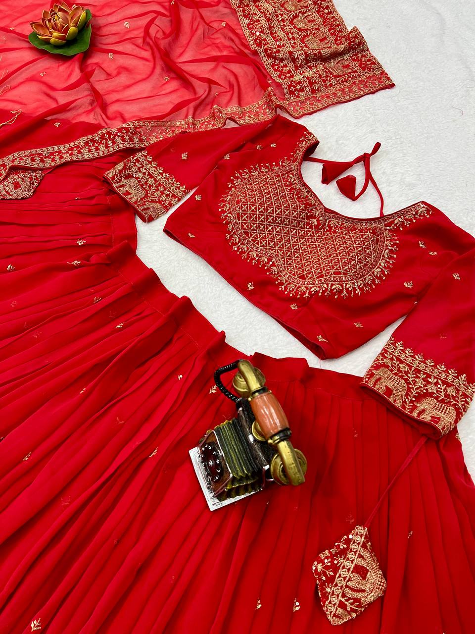 Elephant Embroidery Faux Georgette Silk Lehenga Choli Set with Dupatta (Zari & Sequin Work)