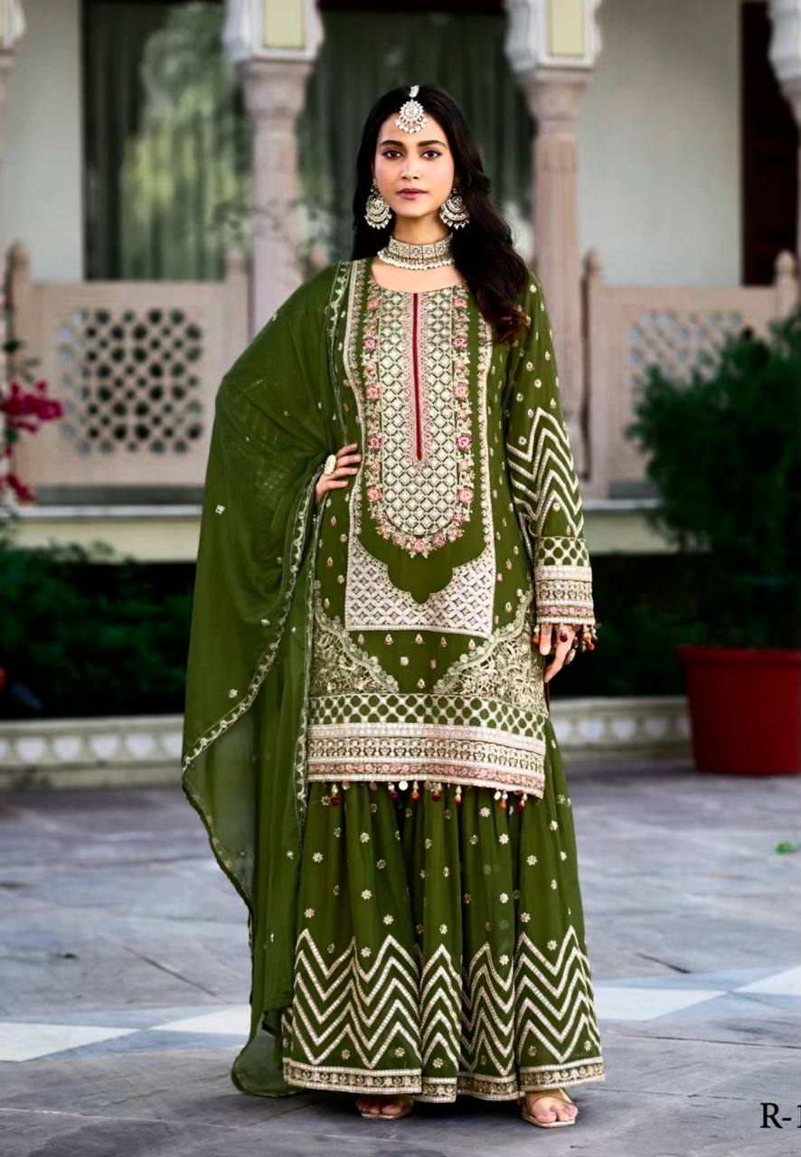 Kurta Sharara Set with Dupatta Party Wear Blooming Gorgette fabric Kurti pair has a Regular-fit