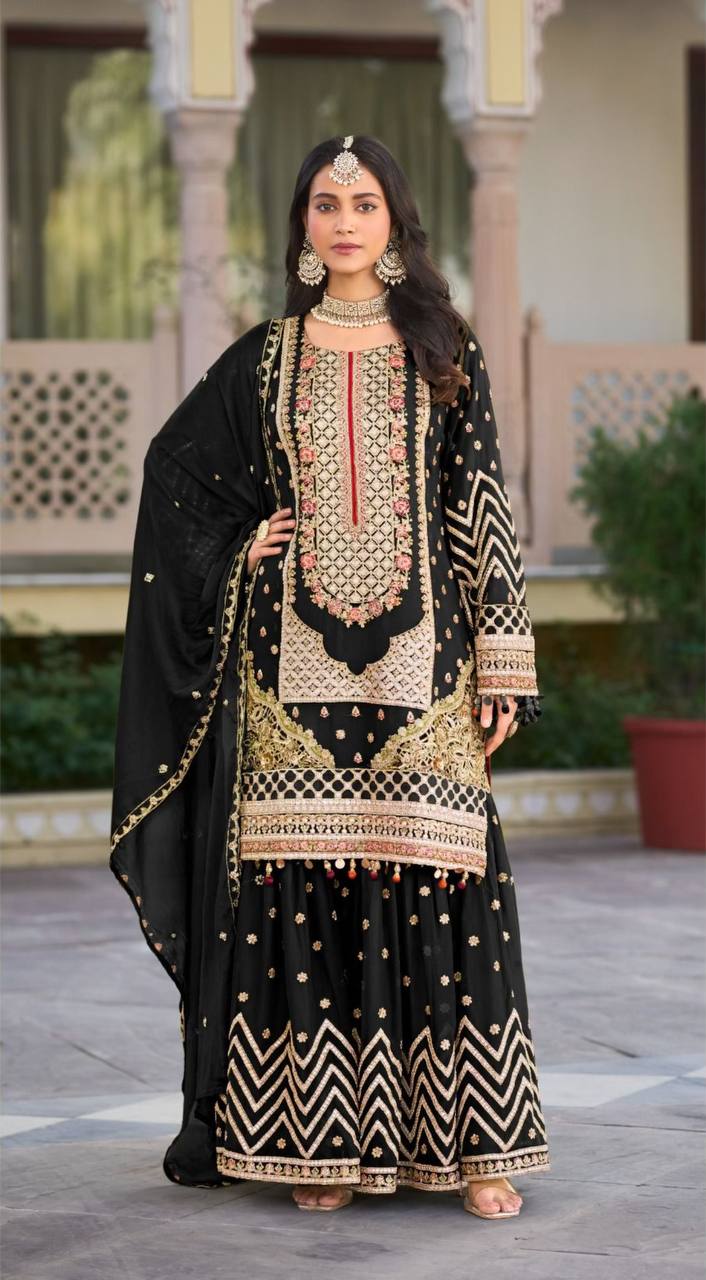 Kurta Sharara Set with Dupatta Party Wear Blooming Gorgette fabric Kurti pair has a Regular-fit