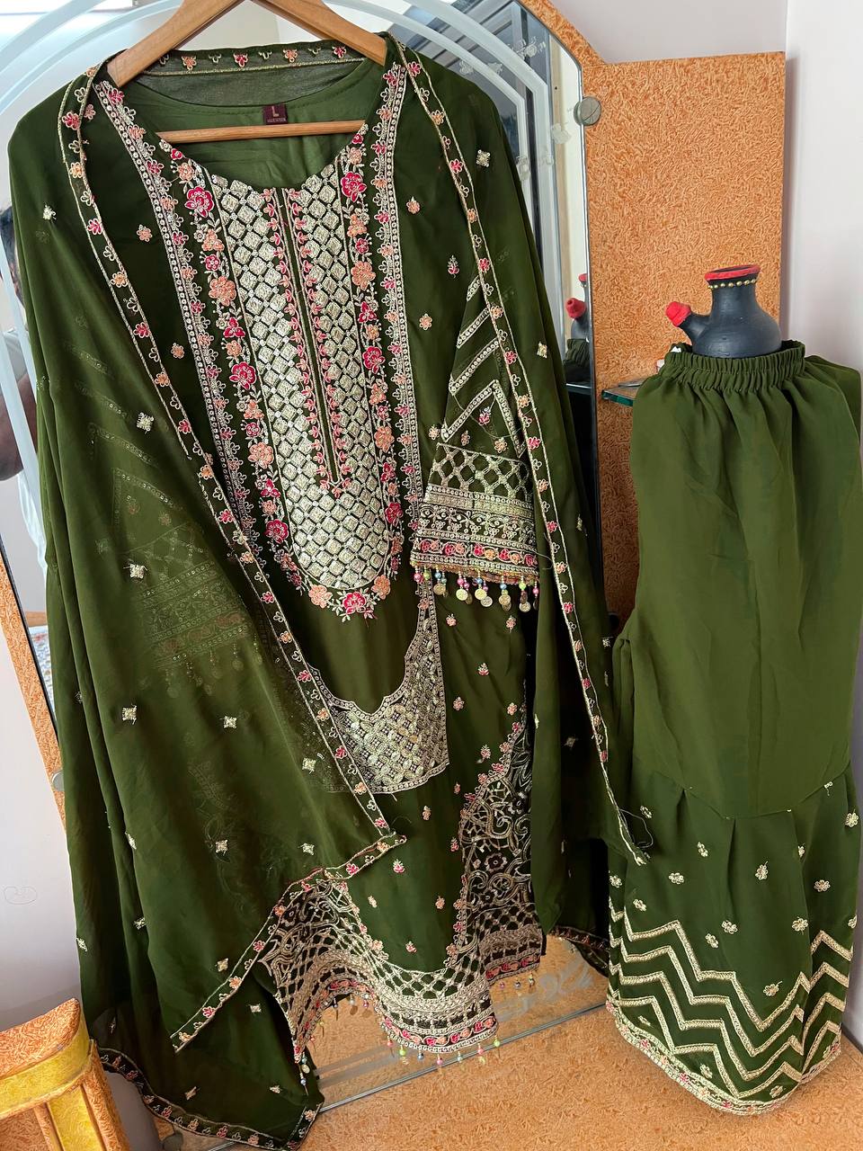 Kurta Sharara Set with Dupatta Party Wear Blooming Gorgette fabric Kurti pair has a Regular-fit