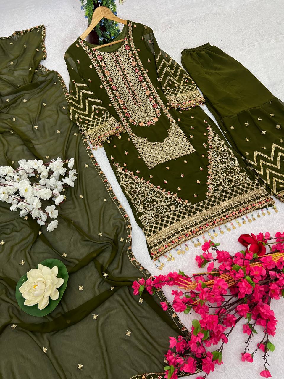 Kurta Sharara Set with Dupatta Party Wear Blooming Gorgette fabric Kurti pair has a Regular-fit