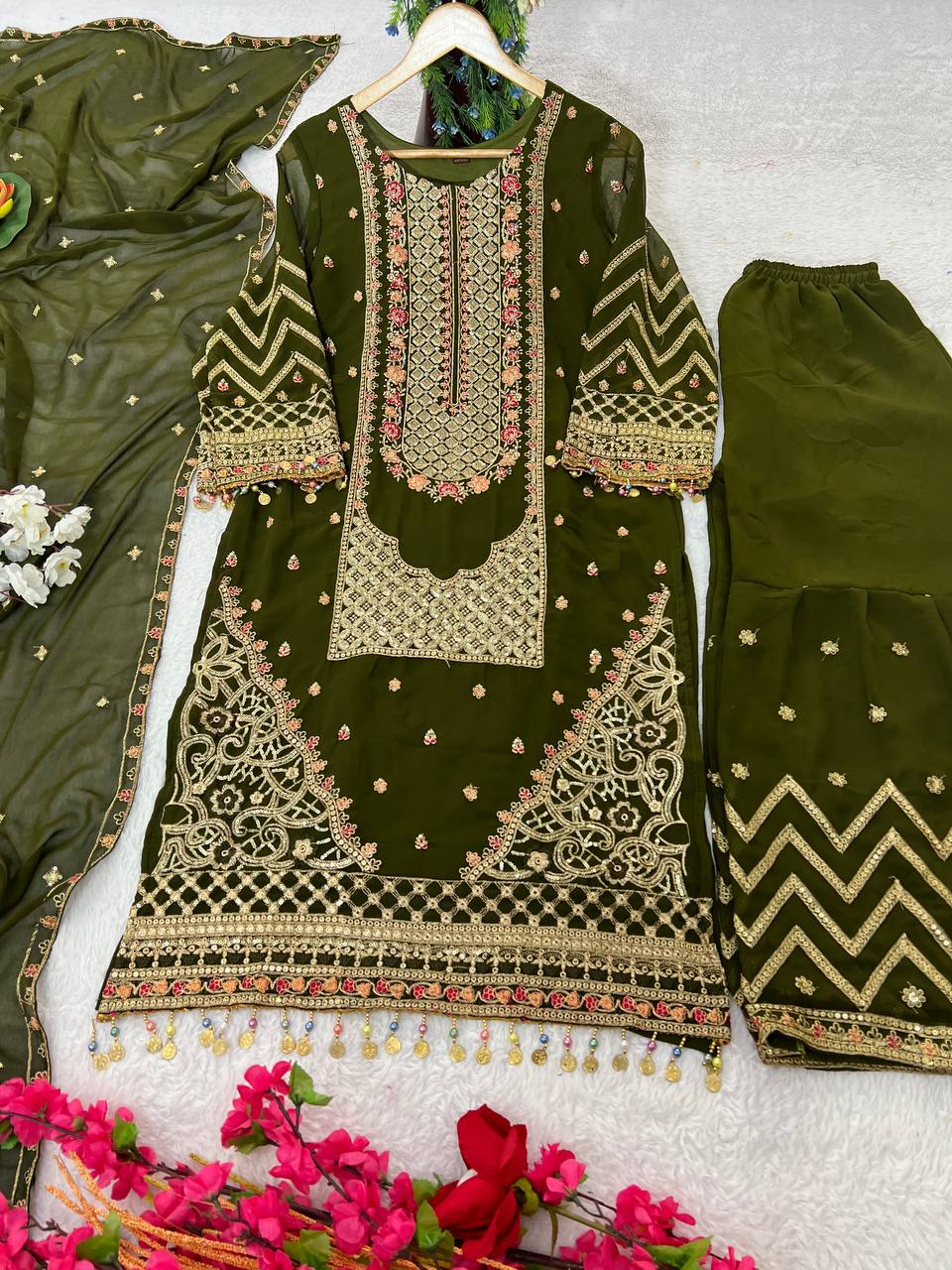 Kurta Sharara Set with Dupatta Party Wear Blooming Gorgette fabric Kurti pair has a Regular-fit