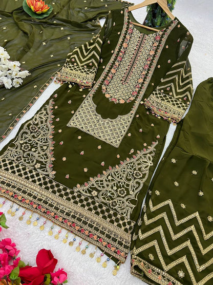 Kurta Sharara Set with Dupatta Party Wear Blooming Gorgette fabric Kurti pair has a Regular-fit