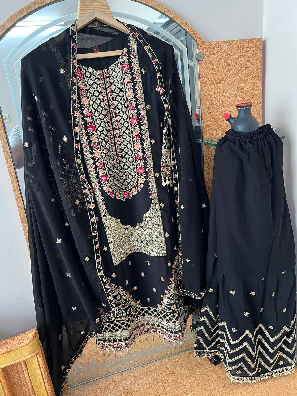 Kurta Sharara Set with Dupatta Party Wear Blooming Gorgette fabric Kurti pair has a Regular-fit