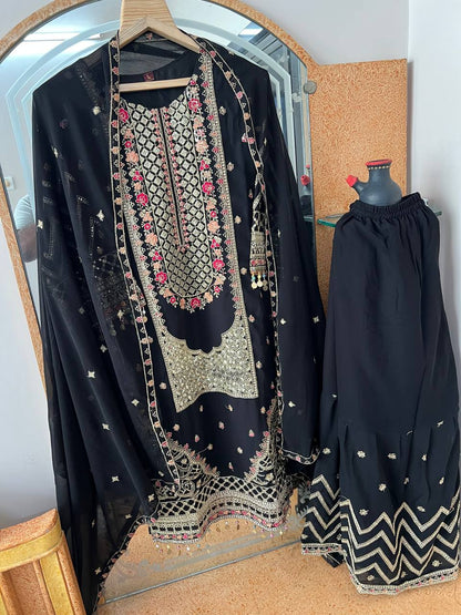 Kurta Sharara Set with Dupatta Party Wear Blooming Gorgette fabric Kurti pair has a Regular-fit