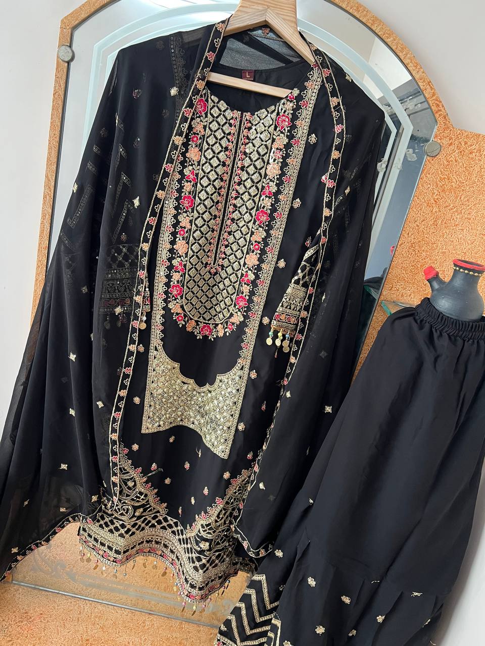Kurta Sharara Set with Dupatta Party Wear Blooming Gorgette fabric Kurti pair has a Regular-fit