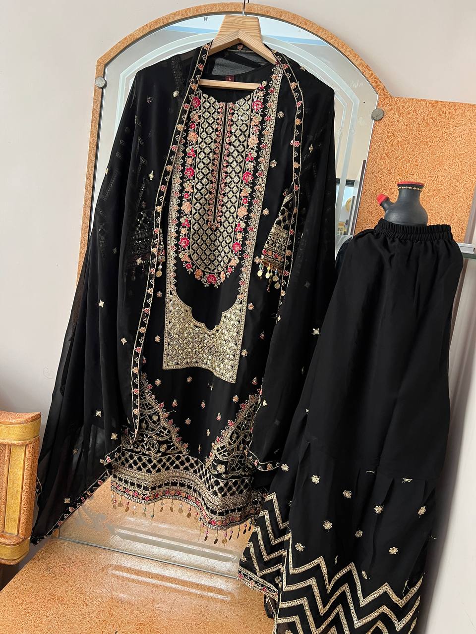 Kurta Sharara Set with Dupatta Party Wear Blooming Gorgette fabric Kurti pair has a Regular-fit
