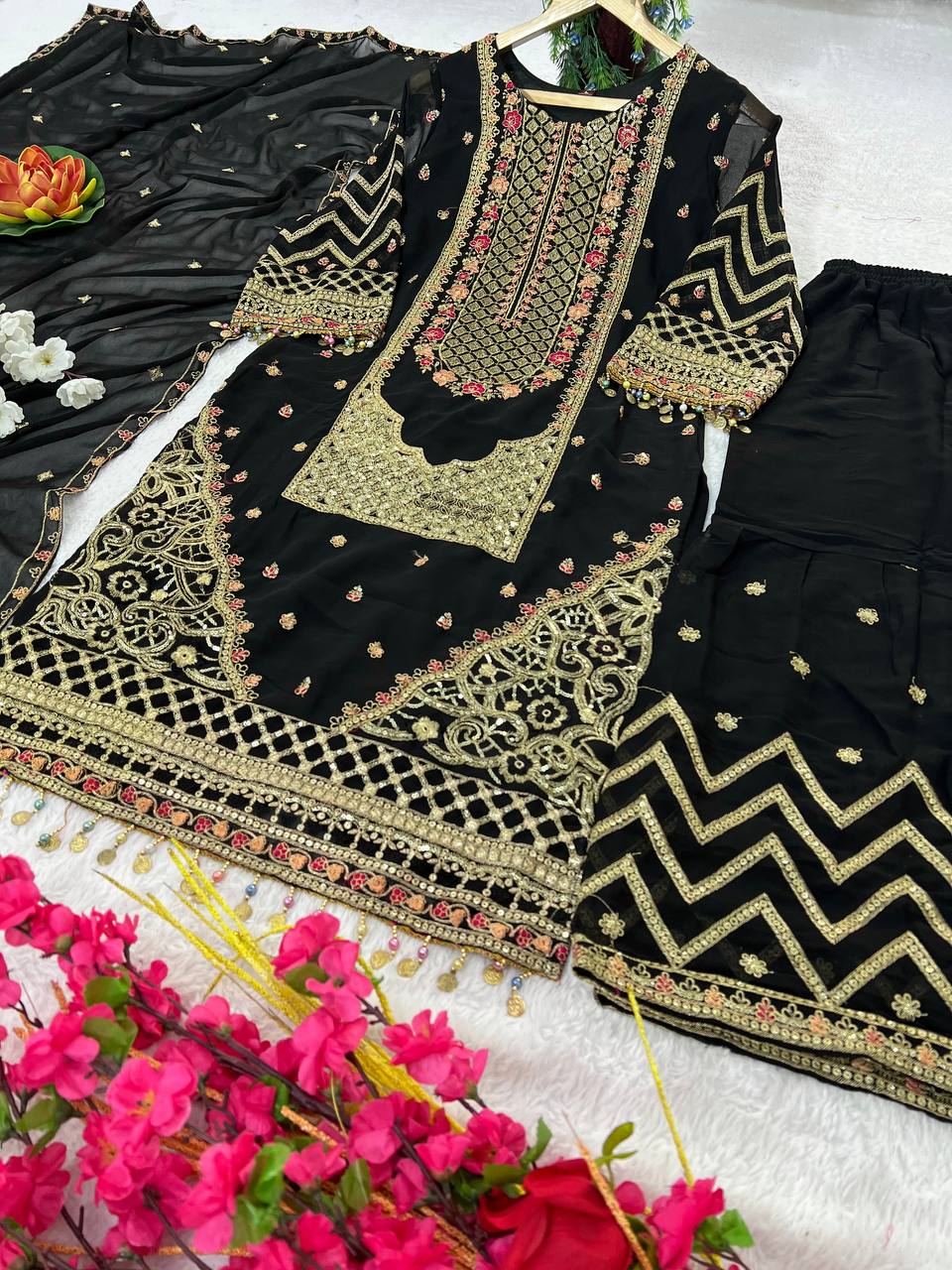 Kurta Sharara Set with Dupatta Party Wear Blooming Gorgette fabric Kurti pair has a Regular-fit