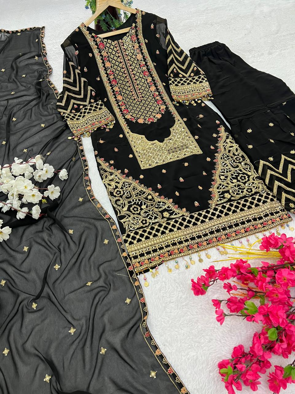 Kurta Sharara Set with Dupatta Party Wear Blooming Gorgette fabric Kurti pair has a Regular-fit