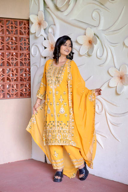 Elegant Faux Georgette Silk Sequin Embroidered Kurti Set with Sequin Embroidery & Lace Dupatta