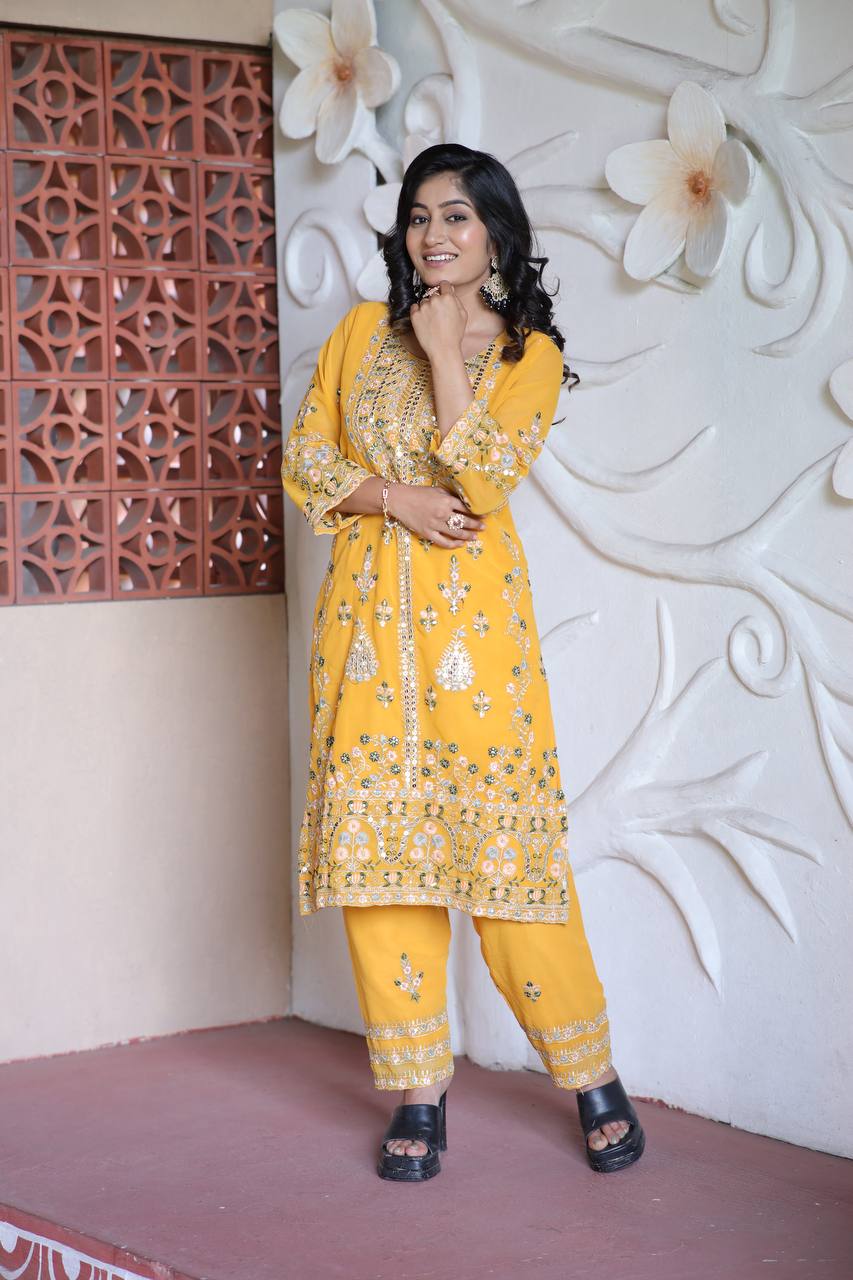 Elegant Faux Georgette Silk Sequin Embroidered Kurti Set with Sequin Embroidery & Lace Dupatta